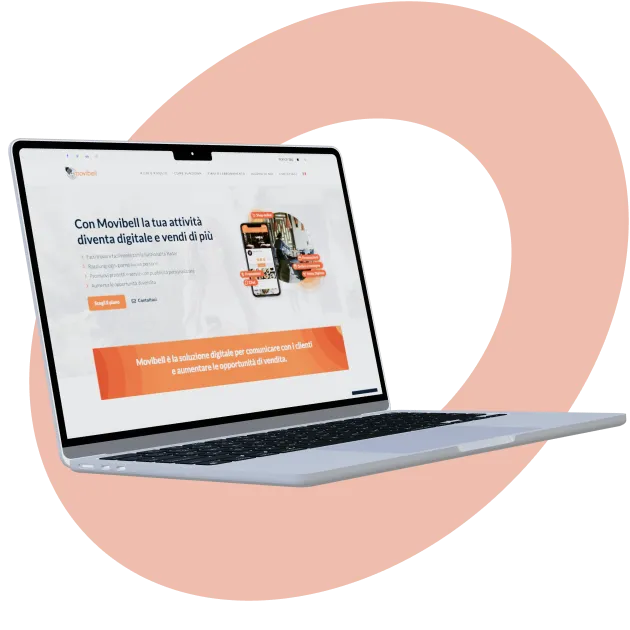 Laptop con schermata di Movibell.com, il sito ufficiale della piattaforma innovativa in ambito MarTech